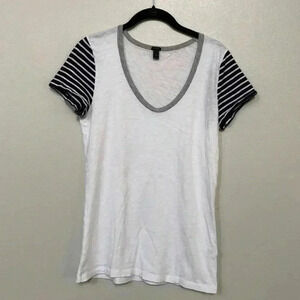 J.Crew Women’s Cotton Scoop Neck White w/Navy Blue Sleeves Tee - Medium
